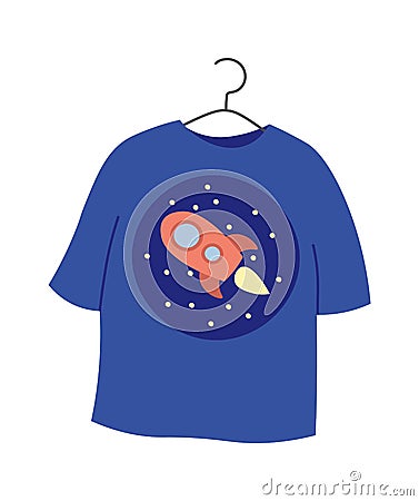 Cute shirt with spaceship on hanger flat icon Vector Illustration