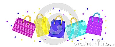 Cute shopping bag banner. Colorful shopping bags with different design board. Gift package with space for text. Vector Vector Illustration