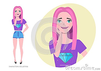 Cute shy Girl teenager in fashionable clothes ultra violet colors. Vector Illustration