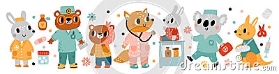 Cute sick animal. Funny doctors and patient. Injuries, bruises and bad tooth. Bear in medical uniform. Fox with Vector Illustration