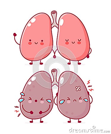 Cute sick and healthy lungs Vector Illustration