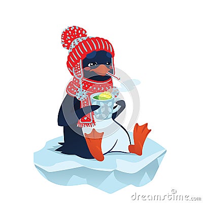 Cute sick penguin in funny hat and scarf. Vector Illustration