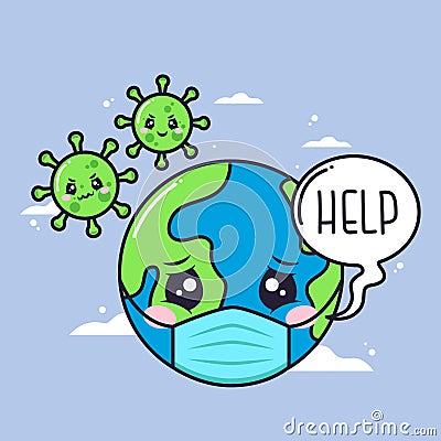 cute sick planet character with attacking virus Vector Illustration