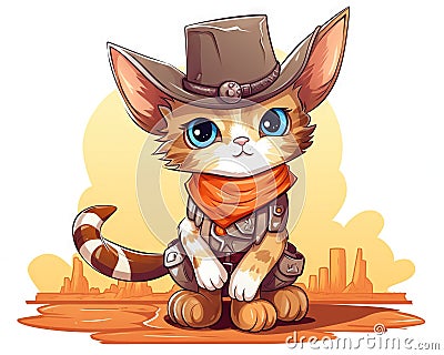 cute and silly cartoon cat dressed as a cowboy in the old West. Cartoon Illustration