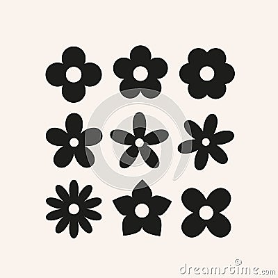 Cute simple flowers, basic floral shapes silhouettes for design Vector Illustration