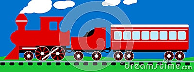 Cute simple red steam train on rail tracks Vector Illustration