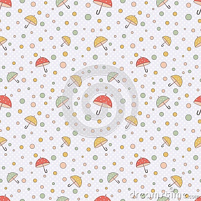 Cute simple seamless pattern in pastel colors with multi-colored polka dots and umbrellas.Vector.The print for the manufacture of Vector Illustration