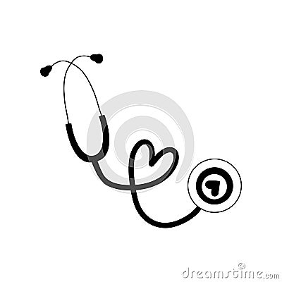 Cute simple stethoscope design with heart on tube in black isolated on white background. Hand drawn simple doodle sketch icon in Vector Illustration