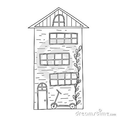 Cute simple three - storey house and scooter in sketch doodle style. Vector Illustration