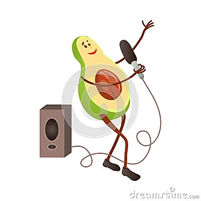 Cute singing avocado character with microphone and big speaker Vector Illustration