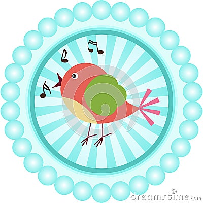 Cute singing bird round sticker Vector Illustration