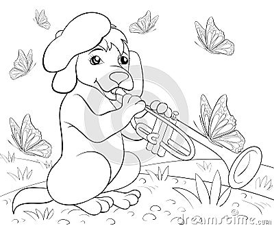 Coloring page,book a cute singing dog image for children,line art style illustration for relaxing. Vector Illustration