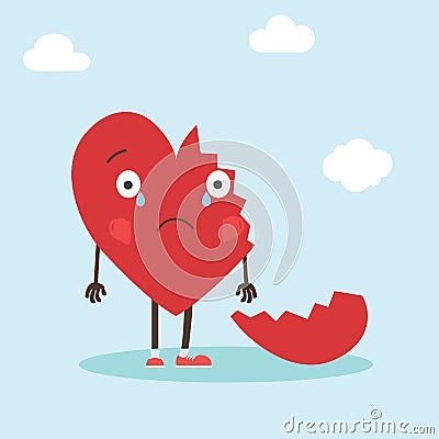 Cute single heart character with broken heart. Vector illustration valentine s day card - Vector Vector Illustration