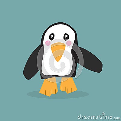 Cute single little walking penguin icon with kawaii eyes, pink cheeks and a shadow Vector Illustration