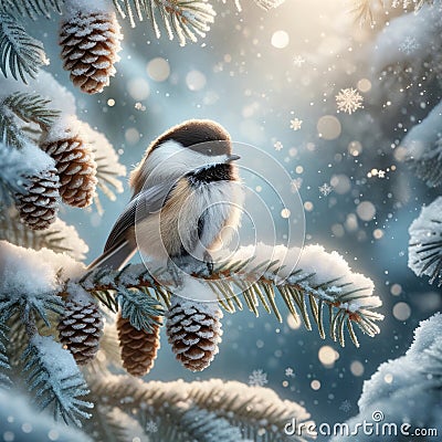 Cute Single Mountain Chickadee Perched on a Tree Branch during Winter AI Generated Stock Photo