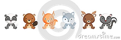 Cute sitting baby animals in cartoon style. Collection woodland animals characters for kids cards, baby shower, birthday Vector Illustration