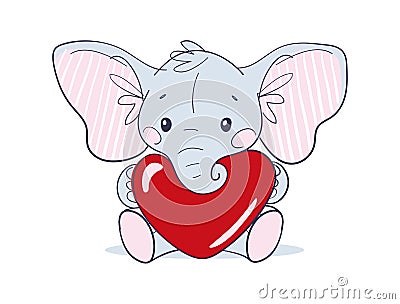 Cute sitting baby elephant with big ears holding a red heart. Flat cartoon character, toy or doll. Valentine s Day Cartoon Illustration