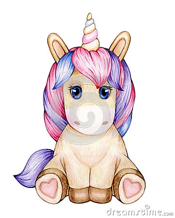 Cute sitting baby unicorn cartoon. Stock Photo