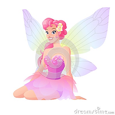 Cute sitting fairy in pink dress with wings. Vector illustration. Vector Illustration