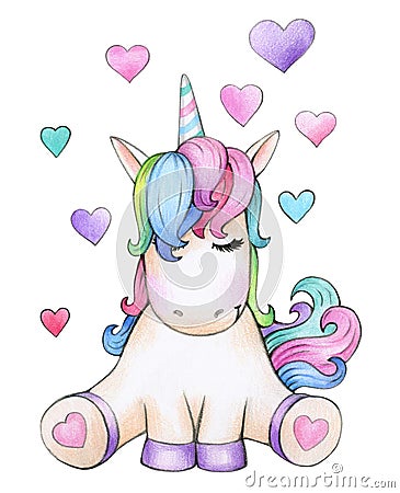 Cute sitting unicorn cartoon with hearts. Stock Photo