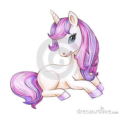 Cute sitting unicorn cartoon. Stock Photo