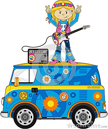 Cute Sixties Hippie Girl Musician on Camper Van Vector Illustration