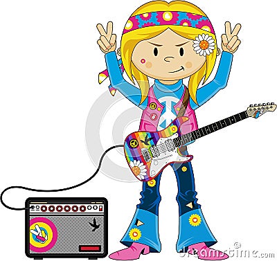 Cute Sixties Hippie Girl Musician Vector Illustration