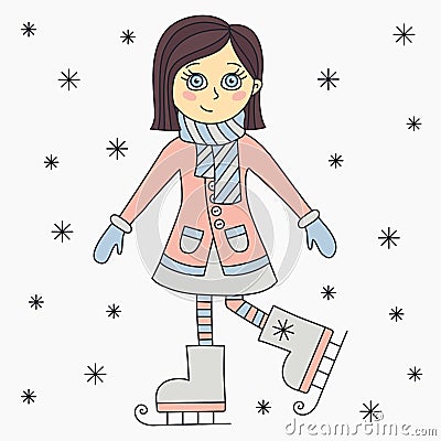 Cute skating brunette girl character Vector Illustration
