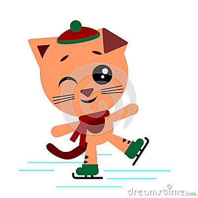 Cute skating cat. Vector illustration.Cute Kawaii Funny Character. Vector Illustration