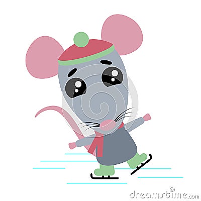 Cute rat is skating, dancing on ice. New year and Christmas card composition. Vector Illustration of Happy Cartoon Rat Vector Illustration