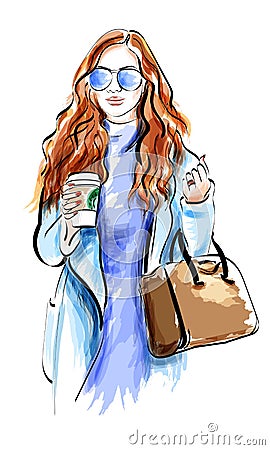 Cute sketch girl with accessories. Fashion lady in sunglasses. Vector Illustration