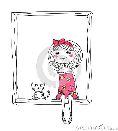 Cute sketch girl and cat Vector Illustration