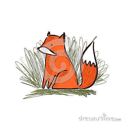 Cute sketch hand drawn orange fox in grass Vector Illustration