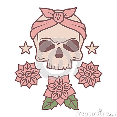 Cute skull and flowers tattoo template Vector Illustration