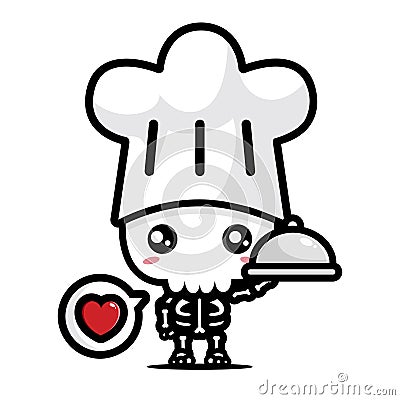 The cute skull skeleton cartoon character becomes a chef wearing a chef costume while carrying a dish Vector Illustration