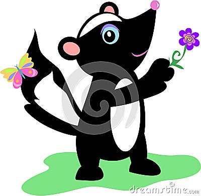 Cute Skunk with Flower and Butterfly Vector Illustration