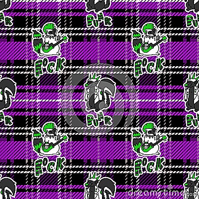 Cute skunk and raccoon on plaid background vector pattern. Grungy alternative checkered home decor with cartoon animal Vector Illustration