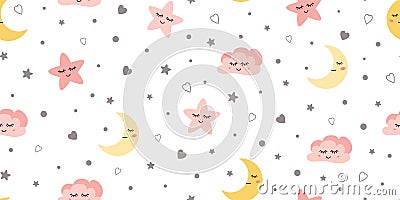 Cute sky kids seamless pattern Baby textile design with smiling sleeping moon hearts stars clouds. Vector Illustration