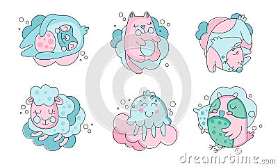 Cute Sleeping Animals Collection, Lovely Cat, Dog, Sheep, Owl Bird, Jellyfish Vector Illustration Vector Illustration