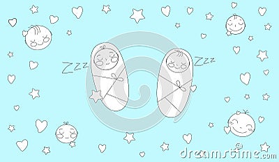 Cute sleeping babies. Faces and swaddled children in stars and hearts. A simple children's illustration Vector Illustration