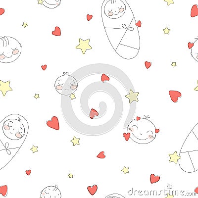 Cute sleeping babies. Faces and swaddled children in stars and hearts. A simple children's vector illustration Vector Illustration