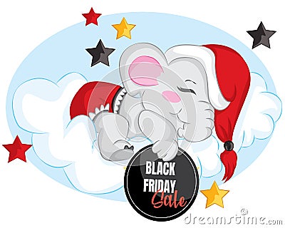 Cute sleeping baby elephant on the cloud with black friday sale tag Stock Photo