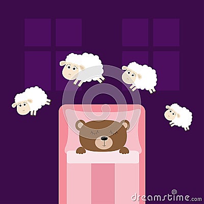 Cute sleeping bear. Jumping sheeps. Cant sleep going to bed concept. Counting sheep. Animal set. Blanket pillow room two windows. Vector Illustration