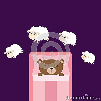 Cute sleeping bear. Jumping sheeps. Cant sleep going to bed concept. Vector Illustration