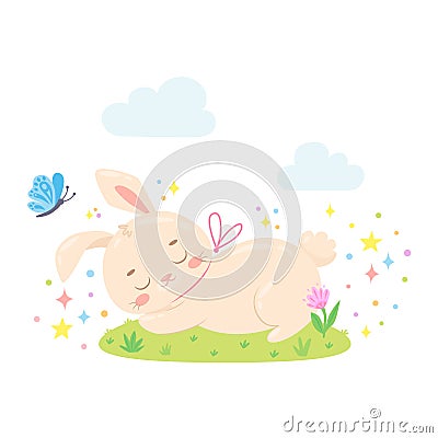 Cute sleeping bunny on spring meadow with flower and butterfly. Vector Illustration