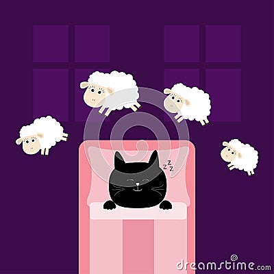 Cute sleeping cat. Jumping sheeps. Cant sleep going to bed concept. Vector Illustration