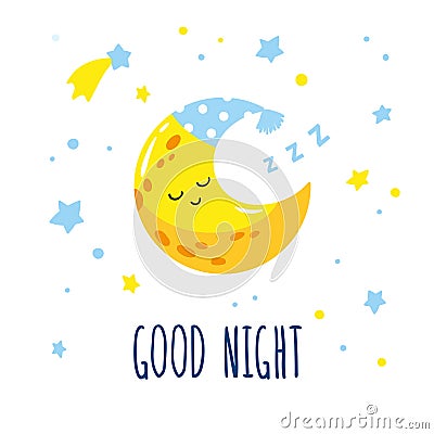 Cute sleeping crescent moon in the sky. Hand-written inscription good night Vector Illustration