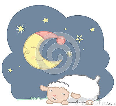 Cute Sleeping Kawaii Style Baby Sheep and Sleeping Crescent Moon With Blue Night Cap and Stars Night Scene Vector Illustration Iso Vector Illustration