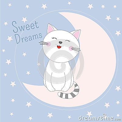 Cute sleeping kitty sitting in moon. Sweet dreams design element Vector Illustration