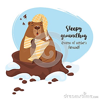 Cute sleeping marmot character with pillow looks out of hole. Festive funny card for Groundhog Day on February 2. Vector Vector Illustration